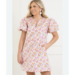 Lovelo Puff Sleeve Large Pink Orange Petal Flowered Dress Pockets NWT Msrp $68